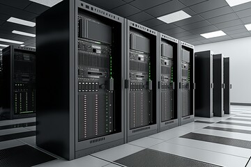 Modern Data Center Server Room with Rows of Server Racks
