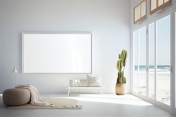Obraz na płótnie Canvas Cozy interior with empty poster frame. Frame mockup in interior
