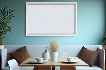 Cozy interior with empty poster frame. Frame mockup in interior