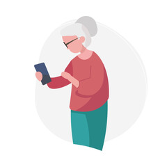 An elderly woman looking at her smartphone. Senior woman making a video call. He is learning to use the phone. Vector illustration	