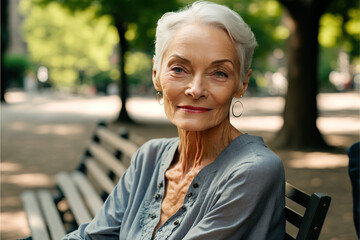 Retired senior woman, sitting in the park. generate by ai