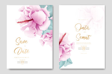 watercolor Hibiscus wedding invitation card template 