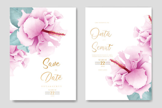watercolor Hibiscus wedding invitation card template 