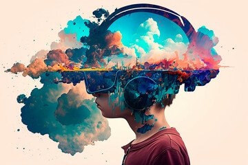vr headset, double exposure, metaversion, futuristic virtual world, state of consciousness, technology virtual cyberspace game of consciousness, colored clouds. Generative AI.