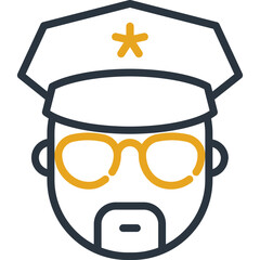 Cartoon policeman in glasses and cap thin line icon. Modern vector illustration.