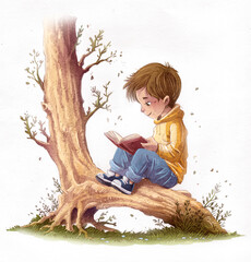 Illustration of happy boy sitting on a tree reading a book