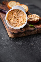 crab rillettes smorrebrod sandwich seafood aperitif food healthy meal food snack on the table copy space food background rustic top view