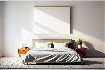 Cozy interior with empty poster frame. Frame mockup in interior.