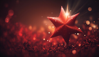 Shiny Red Glitter With Bright Star Light In Abstract Defocused Christmas Background