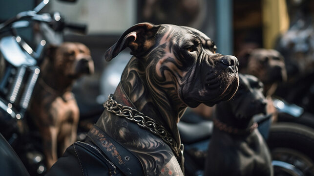 A powerful image of a tattooed leader dog dressed in a biker leather jacket with its pack, guarding their clubhouse. Embodying strength, loyalty, and fearlessness. 