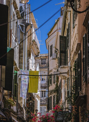 Narrow alley in historic part of Corfu city, Greece