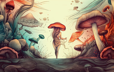 The hob fairy walks through the mushroom world. Generative ai illustration