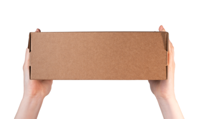 Hands holding cardboard box. Carton package mockup, post order of rectangular shape isolated on white background