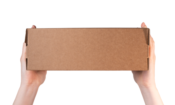 Hands holding cardboard box. Carton package mockup, post order of rectangular shape isolated on white background