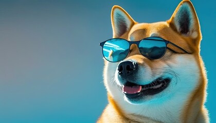  Shiba inu dog in glasses, isolate on trendy blue background. by ai generative - obrazy, fototapety, plakaty