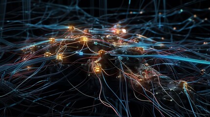 Illustrations of neuralink, neural network, machine learning by generative AI.