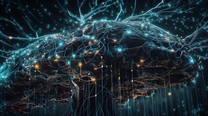 Illustrations of neuralink, neural network, machine learning by generative AI.