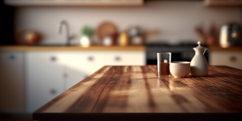 Wooden Table In kitchen. copy space. Generative AI