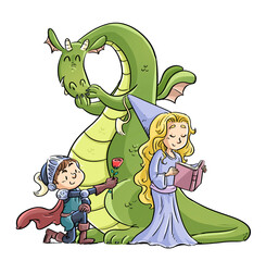 Funny scene of knight, princess and dragon of Sant Jordi