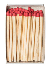 Top view close-up of wooden matchsticks in a cardboard matchbox isolated on white or transparent background