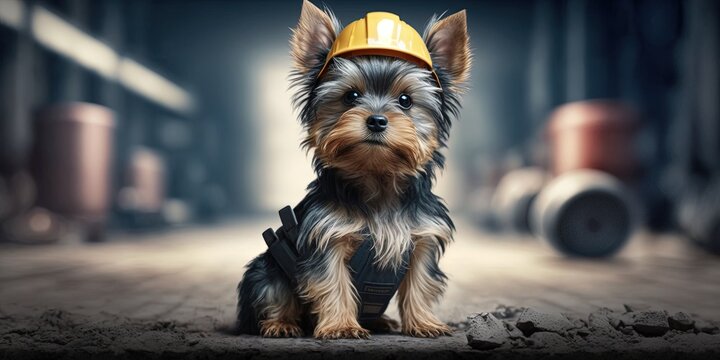 Yorkshire Terrier dog in construction with safe helmet, bokeh construction background by ai generative 