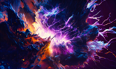 Fototapeta premium A chaotic burst of electric colors and jagged shapes, resembling a turbulent storm in deep space