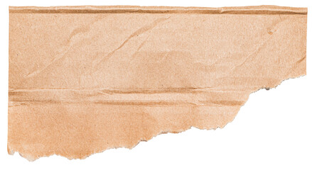 Piece of ripped torn brown cardboard paper isolated on transparent or white background
