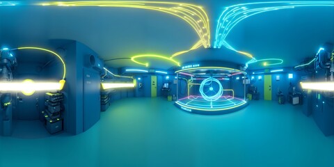 Photo of a futuristic room with neon lights and a blue ceiling