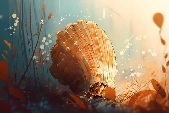 A close-up of a seashell with intricate details. digital art illustration. generative AI.