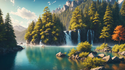Enchanting Painting of a Misty Waterfall and Lush Forest