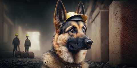  German Shepherd dog in construction with safe helmet, bokeh construction background by ai generative