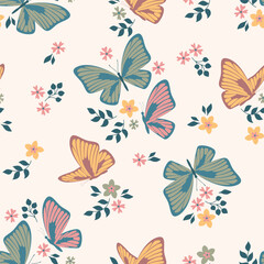 Spring theme seamless pattern with butterflies and flowers. Vector illustration.