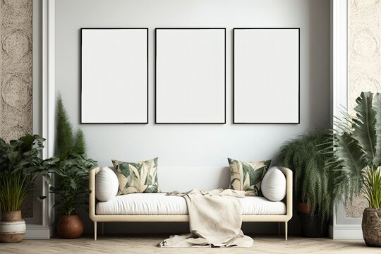 Mock up poster frame in modern interior background, living room, Boho style,. Three vertical frames on the wall