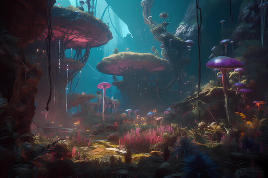 an alien forest with bright colors and unusual plant life. digital art illustration. generative AI.