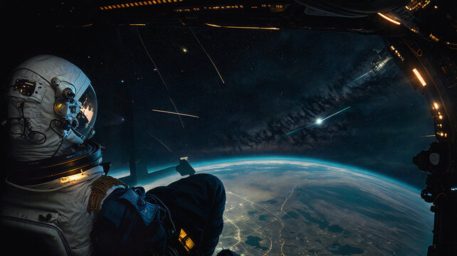 Back View Of Astronaut In Space Suits Sitting In Cockpit Of Space Ship And Flying Over Alien Planet, Looking At Glowing City Lights Down Below In Distant Horizon At Night, Generative AI