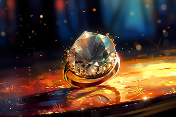 close-up of a glittering diamond ring. digital art illustration. generative AI.