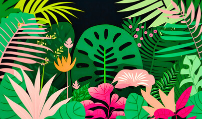 A wild and tropical design with lush green leaves and exotic flowers