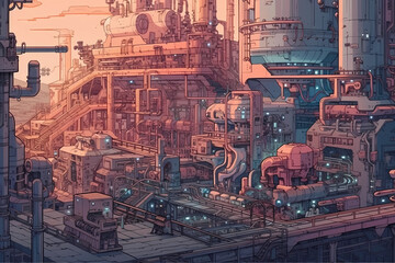factory with with complex machinery. digital art illustration. generative AI.
