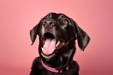 A black labrador yawns against a pink background. Generative AI