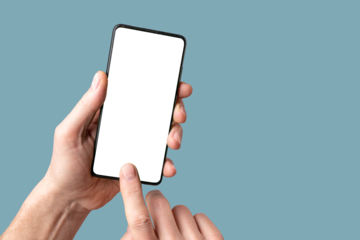 Mobile phone mock-up, finger touching, pointing on smartphone screen, display mockup in hand on blue background