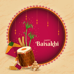 Traditional Happy Baisakhi Square background. Dhol, Bamboo, harvest, kite and ladoo. Realistic digital graphic. Punjabi festival vector illustration. Website header, invite, promotion, social media