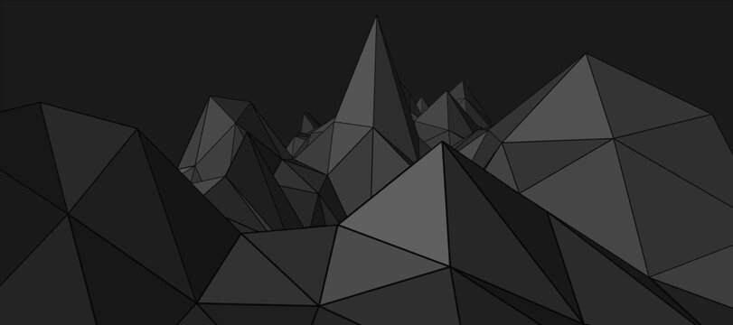 Abstract black mountainous landscape background, 3d mesh, low poly modeling, dark crystals, vector design