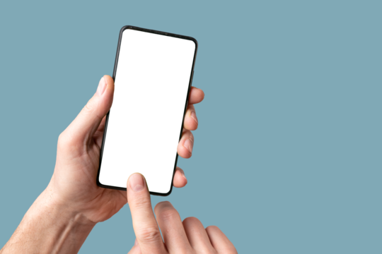 Mobile phone mock-up, finger touching, pointing on smartphone screen, display mockup in hand on blue background