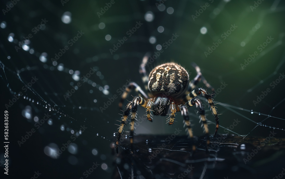 Wall mural spider perched on its web with dew droplets, focusing on its intricate patterns and the glistening s