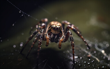 Close view of a spider, with water droplets surrounding it, revealing its minute details on a green backdrop.