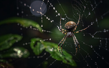 Detailed macro shot of a spider with water droplets on its web, emphasizing the precision of nature.