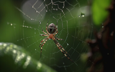 Spider positioned in the heart of its intricate web, with lush green leaves serving as the backdrop.