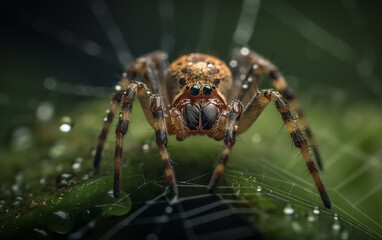 Spider positioned on a wet leaf with a distinct pattern on its back, with dew accentuating the intricate web structure around.