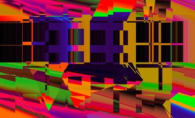Digital abstract graphic artwork. Vibrant glitch texture. Artwork with deconstructed shapes and graphics elements.