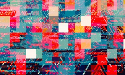 Digital abstract graphic artwork. Vibrant glitch texture. Artwork with deconstructed shapes and graphics elements.